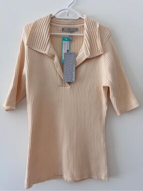 Daniel Rainn Collar ribbed Pointelle Stich Sweater Top Oatmeal Cream Size Small